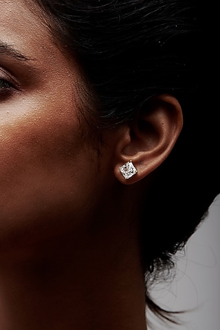 White Rhodium Finish Square-Shaped Cubic Zirconia Crystal Stud Earrings In Sterling Silver by MISS JO