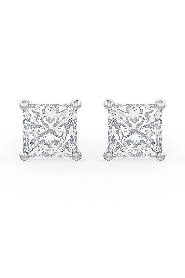 White Rhodium Finish Square-Shaped Cubic Zirconia Crystal Stud Earrings In Sterling Silver by MISS JO at Pernia's Pop Up Shop