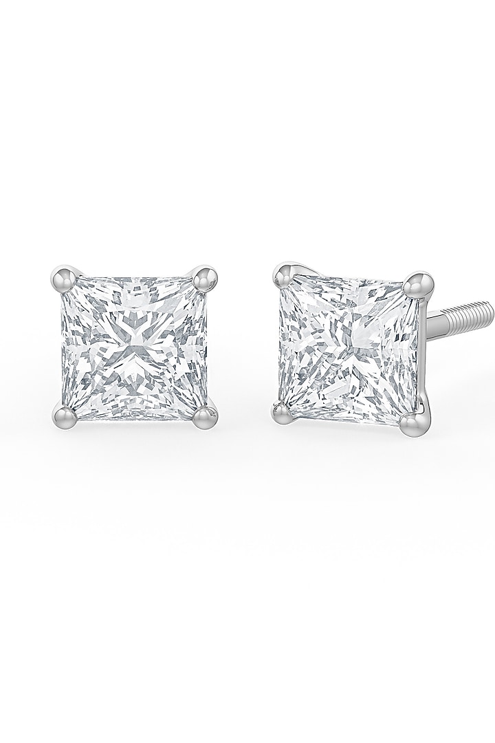 White Rhodium Finish Square-Shaped Cubic Zirconia Crystal Stud Earrings In Sterling Silver by MISS JO at Pernia's Pop Up Shop