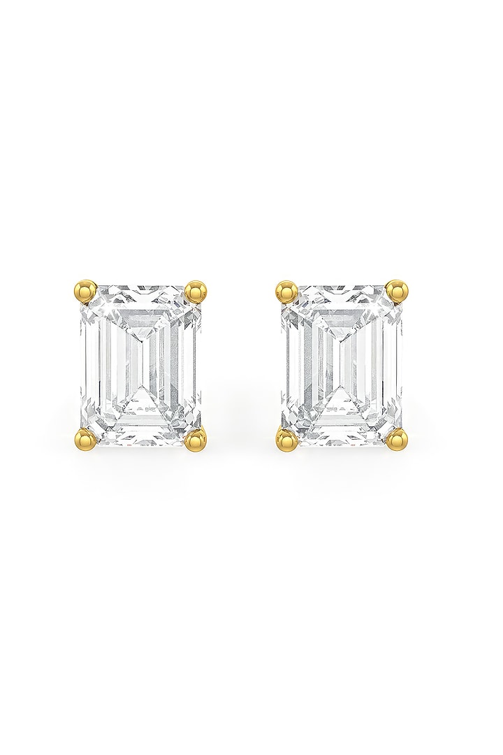 Gold Finish Emerald-Cut Cubic Zirconia Crystal Stud Earrings In Sterling Silver by MISS JO at Pernia's Pop Up Shop