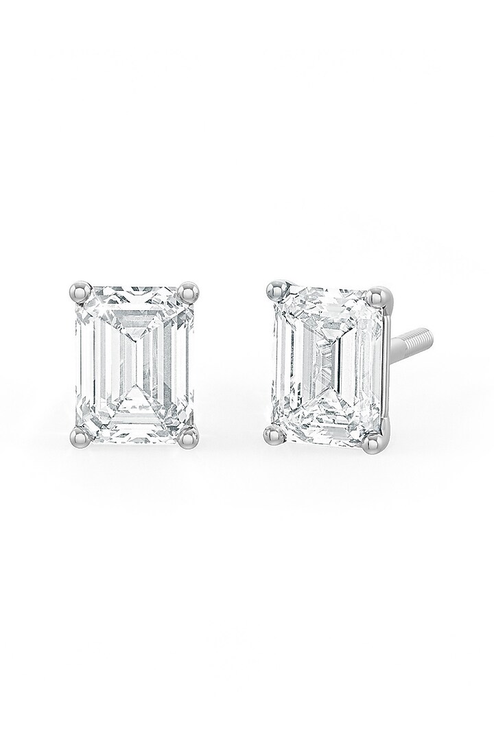 White Rhodium Finish Emerald-Cut Cubic Zirconia Crystal Stud Earrings In Sterling Silver by MISS JO at Pernia's Pop Up Shop