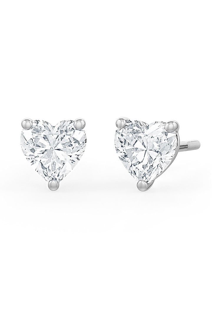 White Rhodium Finish Heart-Shaped Cubic Zirconia Crystal Stud Earrings In Sterling Silver by MISS JO at Pernia's Pop Up Shop