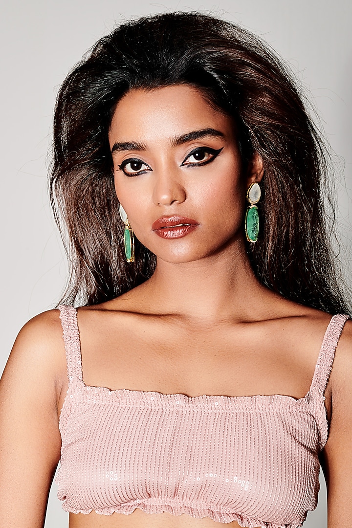 Gold Finish Light Sky Blue & White Natural Stone Dangler Earrings In Sterling Silver by MISS JO at Pernia's Pop Up Shop