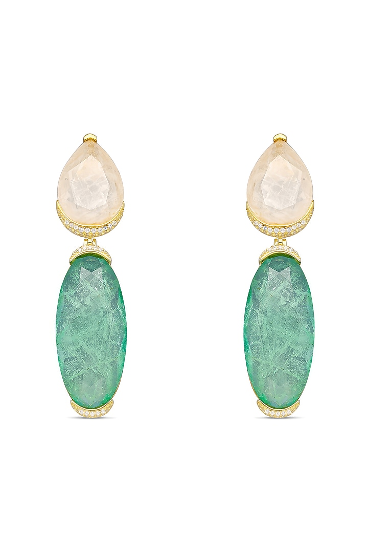 Gold Finish Light Sky Blue & White Natural Stone Dangler Earrings In Sterling Silver by MISS JO at Pernia's Pop Up Shop