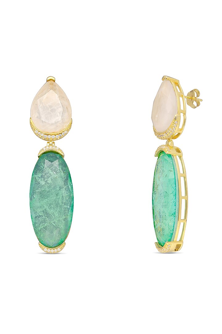 Gold Finish Light Sky Blue & White Natural Stone Dangler Earrings In Sterling Silver by MISS JO at Pernia's Pop Up Shop