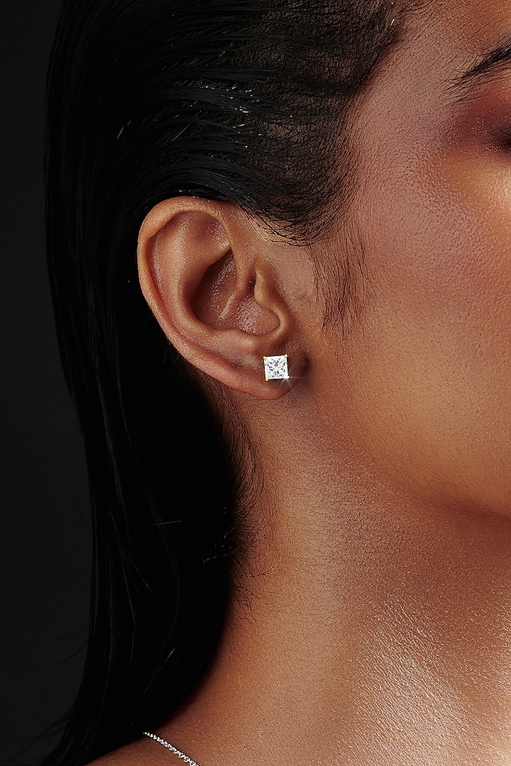 Gold Finish Square-Shaped Cubic Zirconia Crystal Stud Earrings In Sterling Silver by MISS JO at Pernia's Pop Up Shop