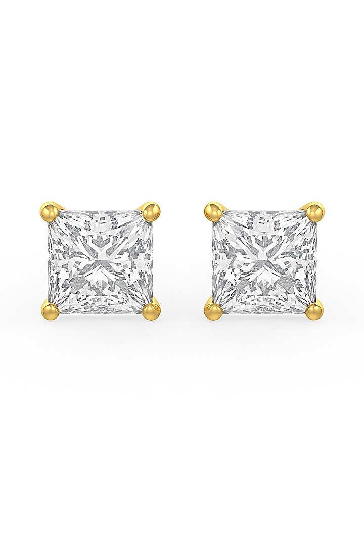 Gold Finish Square-Shaped Cubic Zirconia Crystal Stud Earrings In Sterling Silver by MISS JO at Pernia's Pop Up Shop