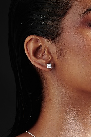 White Rhodium Finish Square-Shaped Cubic Zirconia Crystal Stud Earrings In Sterling Silver by MISS JO