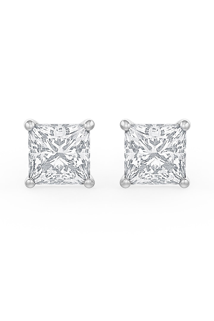 White Rhodium Finish Square-Shaped Cubic Zirconia Crystal Stud Earrings In Sterling Silver by MISS JO at Pernia's Pop Up Shop
