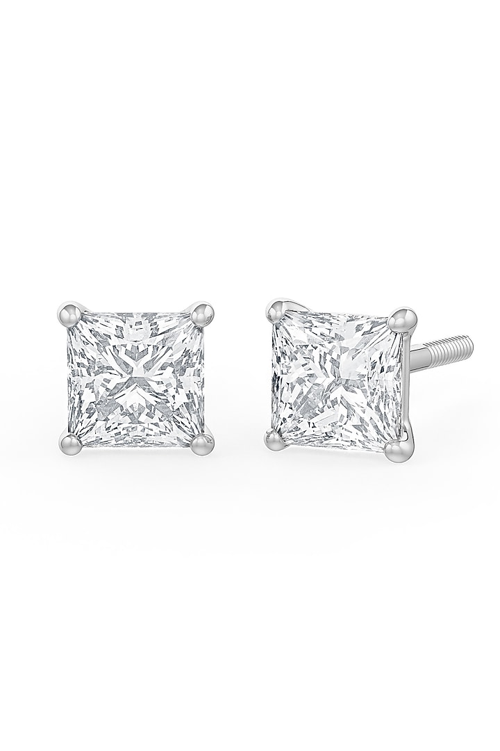 White Rhodium Finish Square-Shaped Cubic Zirconia Crystal Stud Earrings In Sterling Silver by MISS JO at Pernia's Pop Up Shop