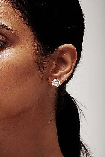 Gold Finish Round Cubic Zirconia Crystal Stud Earrings In Sterling Silver by MISS JO at Pernia's Pop Up Shop
