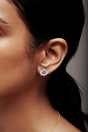 White Rhodium Finish Round Cubic Zirconia Crystal Stud Earrings In Sterling Silver by MISS JO at Pernia's Pop Up Shop