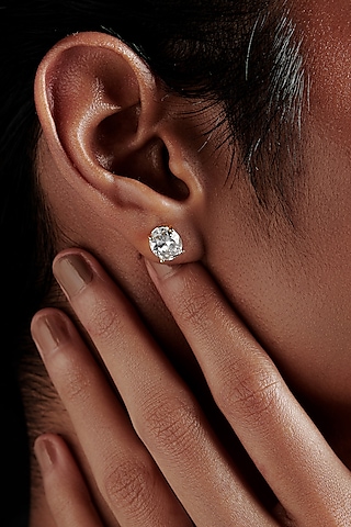 Gold Finish Oval-Shaped Cubic Zirconia Crystal Stud Earrings In Sterling Silver by MISS JO