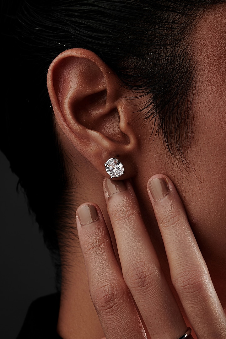 White Rhodium Finish Oval-Shaped Cubic Zirconia Crystal Stud Earrings In Sterling Silver by MISS JO at Pernia's Pop Up Shop