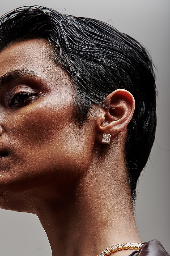 Gold Finish Emerald-Cut Cubic Zirconia Crystal Stud Earrings In Sterling Silver by MISS JO at Pernia's Pop Up Shop