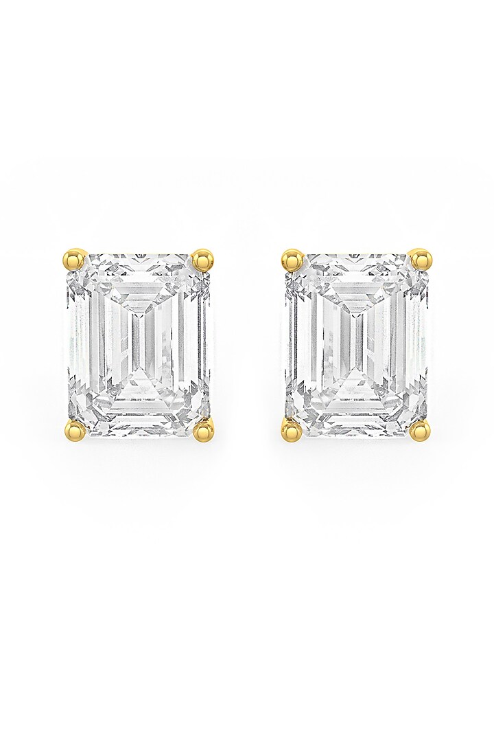 Gold Finish Emerald-Cut Cubic Zirconia Crystal Stud Earrings In Sterling Silver by MISS JO at Pernia's Pop Up Shop