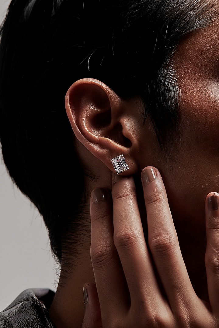 White Rhodium Finish Emerald-Cut Cubic Zirconia Crystal Stud Earrings In Sterling Silver by MISS JO at Pernia's Pop Up Shop