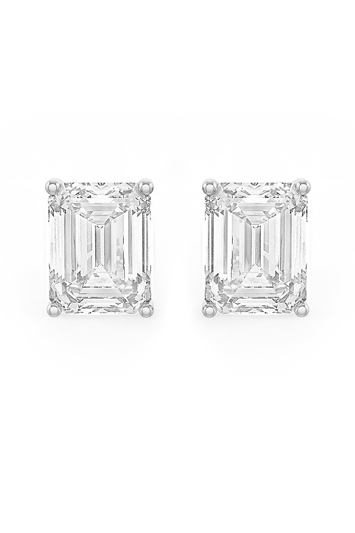 White Rhodium Finish Emerald-Cut Cubic Zirconia Crystal Stud Earrings In Sterling Silver by MISS JO at Pernia's Pop Up Shop