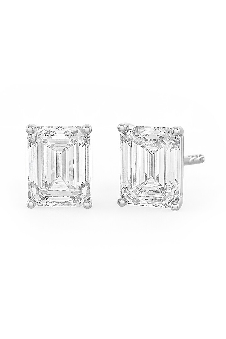 White Rhodium Finish Emerald-Cut Cubic Zirconia Crystal Stud Earrings In Sterling Silver by MISS JO at Pernia's Pop Up Shop