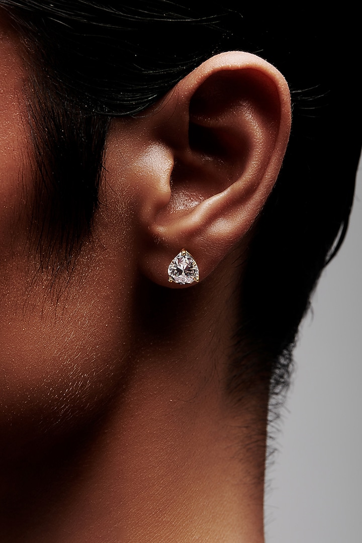 Gold Finish Pear-Cut Cubic Zirconia Crystal Stud Earrings In Sterling Silver by MISS JO at Pernia's Pop Up Shop