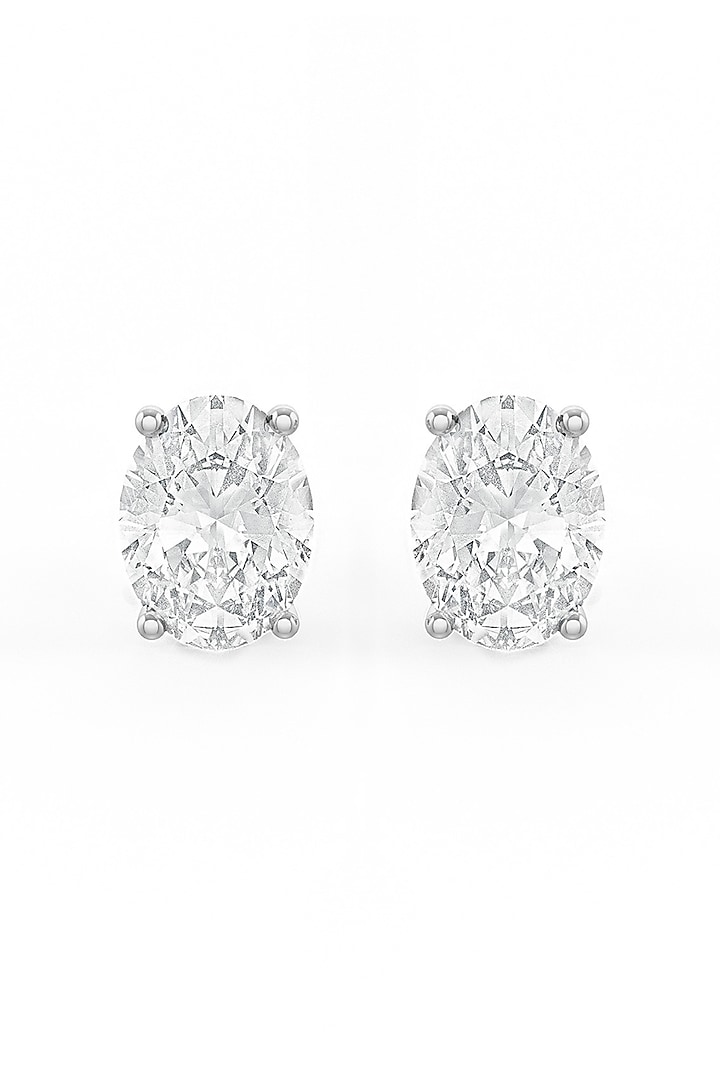 White Rhodium Finish Oval-Shaped Cubic Zirconia Crystal Stud Earrings In Sterling Silver by MISS JO at Pernia's Pop Up Shop