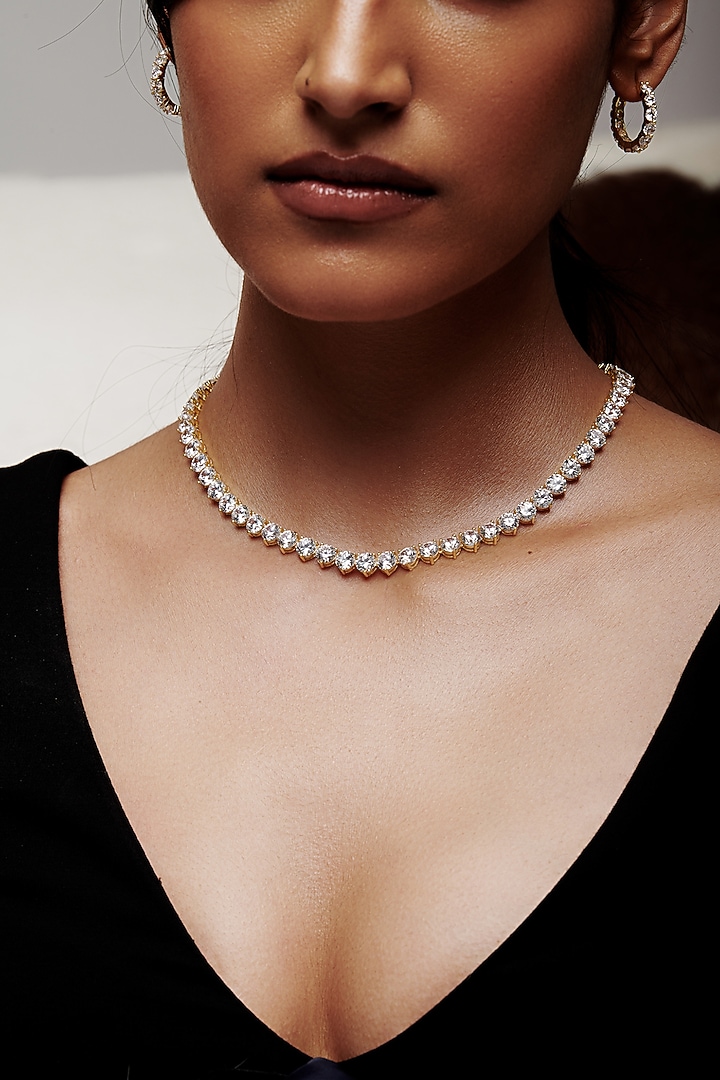 Gold Finish Round Cubic Zirconia Crystal Choker Necklace In Sterling Silver by MISS JO at Pernia's Pop Up Shop