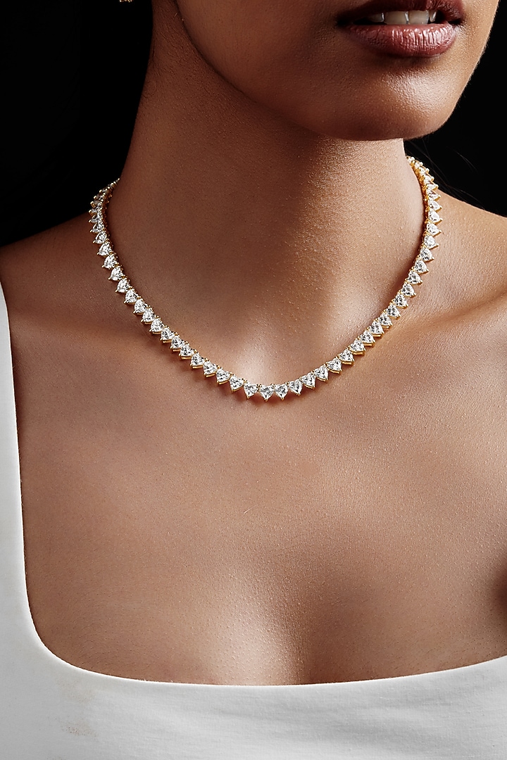 Gold Finish Heart-Shaped Cubic Zirconia Crystal Choker Necklace In Sterling Silver by MISS JO at Pernia's Pop Up Shop
