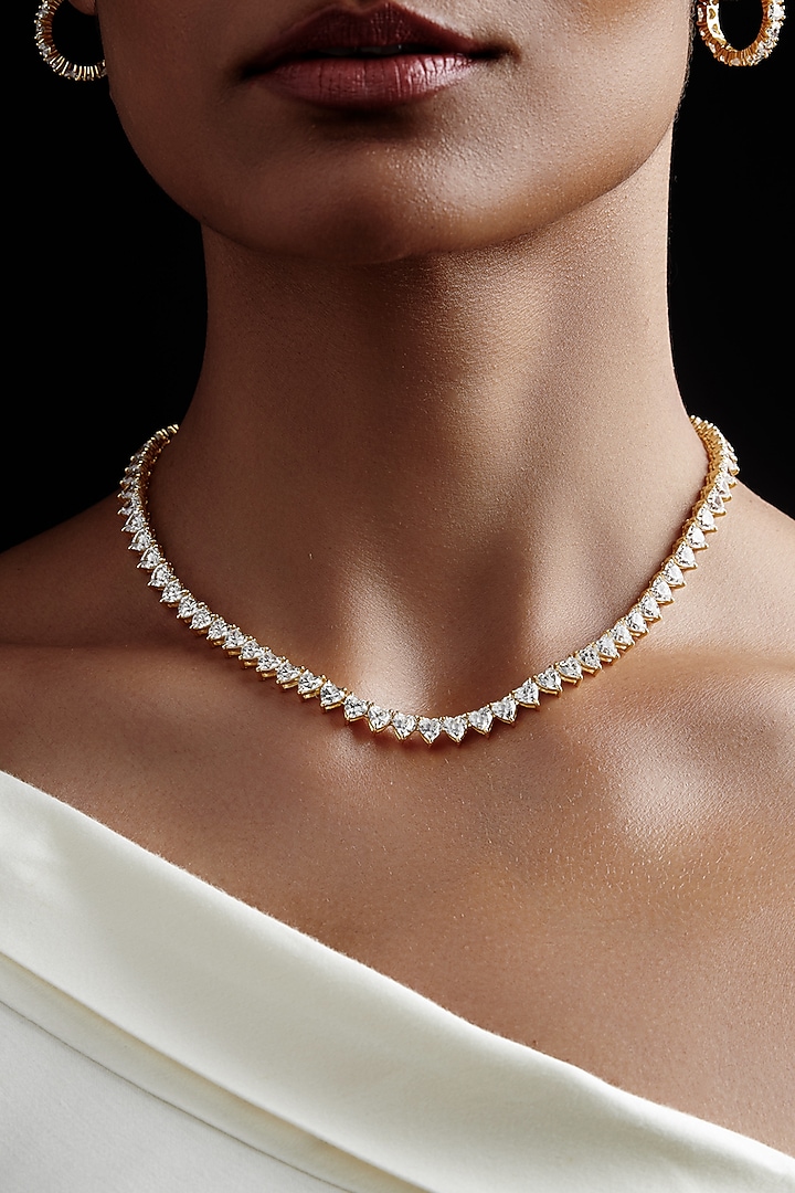 Gold Finish Heart-Shaped Cubic Zirconia Crystal Choker Necklace In Sterling Silver by MISS JO at Pernia's Pop Up Shop