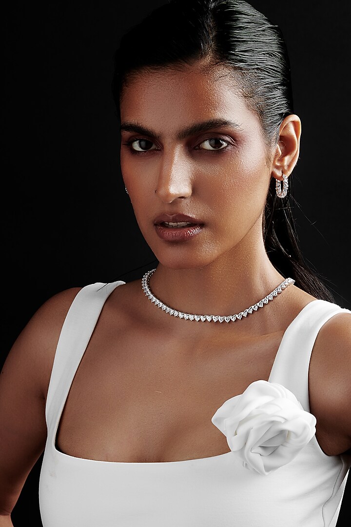 White Rhodium Finish Heart-Shaped Cubic Zirconia Crystal Choker Necklace In Sterling Silver by MISS JO at Pernia's Pop Up Shop