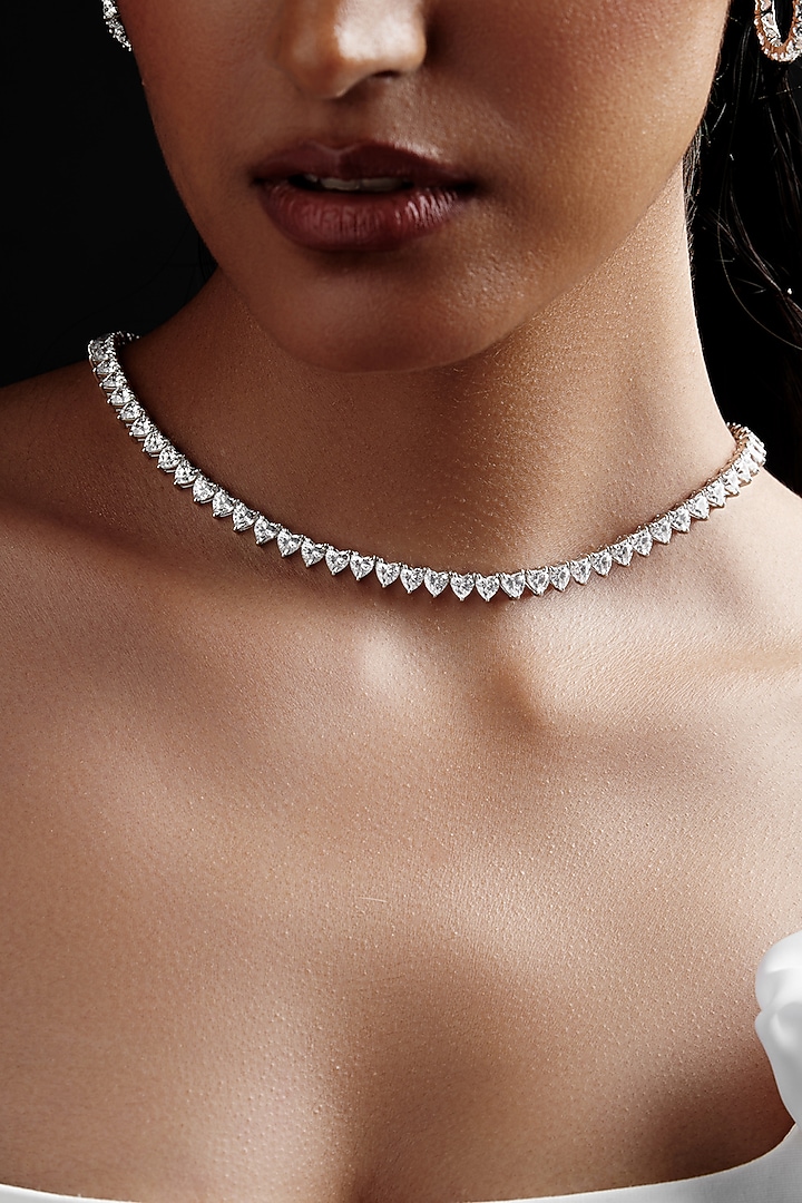 White Rhodium Finish Heart-Shaped Cubic Zirconia Crystal Choker Necklace In Sterling Silver by MISS JO at Pernia's Pop Up Shop