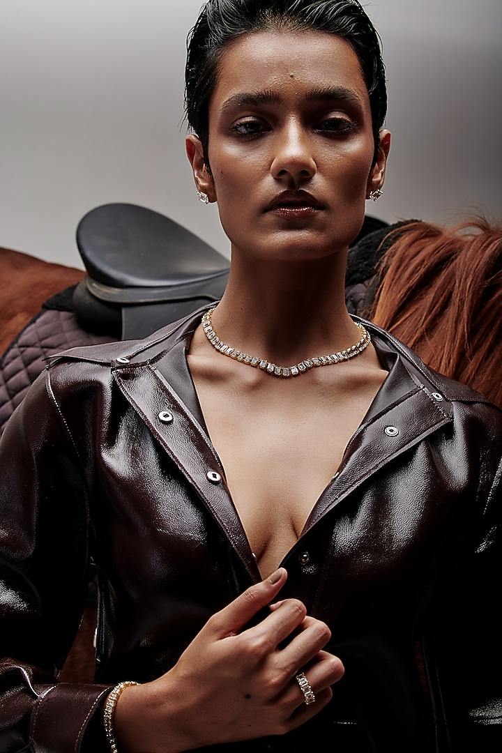 Gold Finish Emerald-Shaped Cubic Zirconia Crystal Choker Necklace In Sterling Silver by MISS JO at Pernia's Pop Up Shop