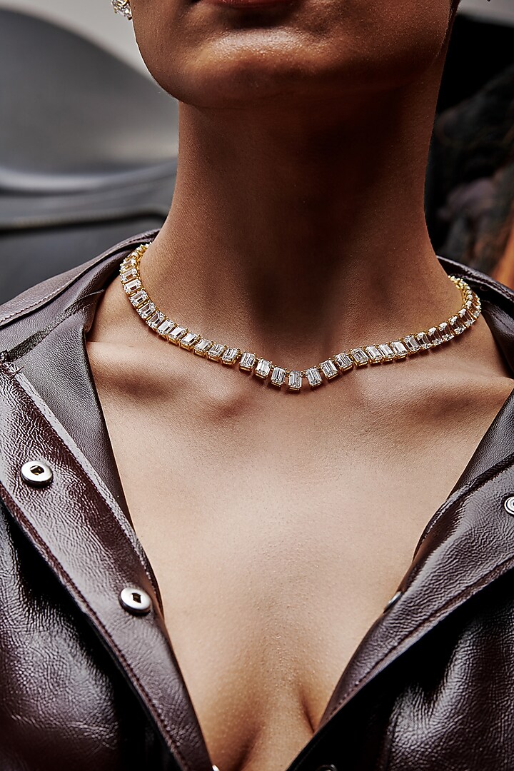 Gold Finish Emerald-Shaped Cubic Zirconia Crystal Choker Necklace In Sterling Silver by MISS JO at Pernia's Pop Up Shop
