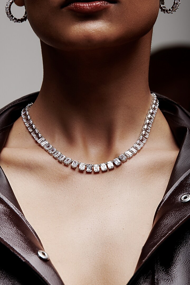 White Rhodium Finish Emerald-Shaped Cubic Zirconia Crystal Choker Necklace In Sterling Silver by MISS JO at Pernia's Pop Up Shop