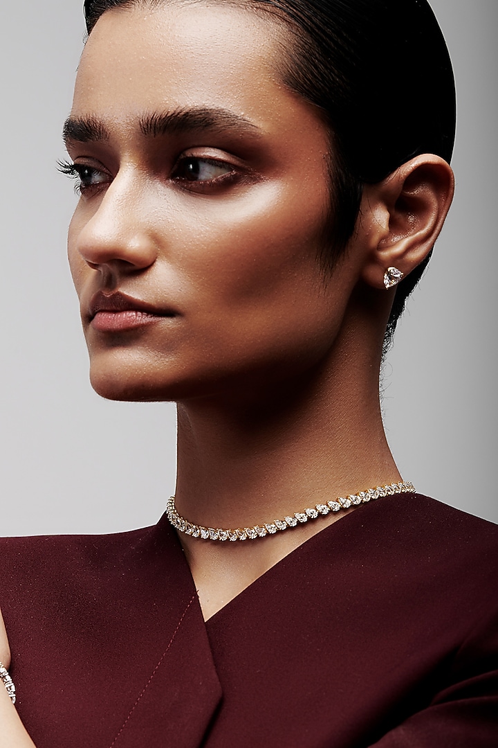 Gold Finish Pear-Shaped Cubic Zirconia Crystal Choker Necklace In Sterling Silver by MISS JO at Pernia's Pop Up Shop