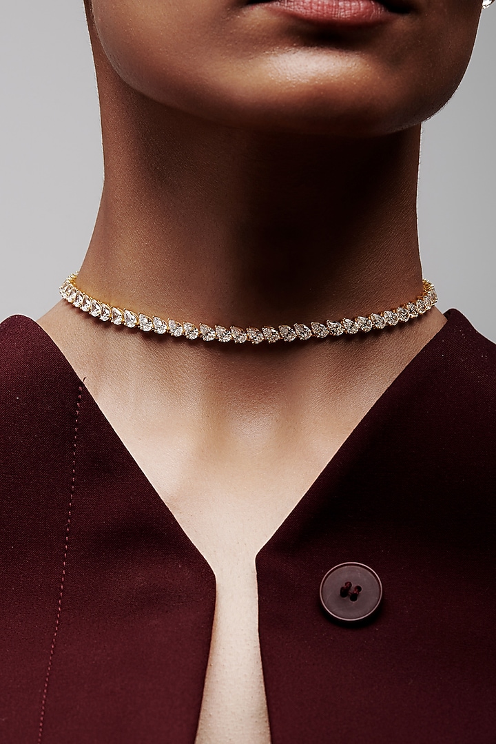 Gold Finish Pear-Shaped Cubic Zirconia Crystal Choker Necklace In Sterling Silver by MISS JO at Pernia's Pop Up Shop