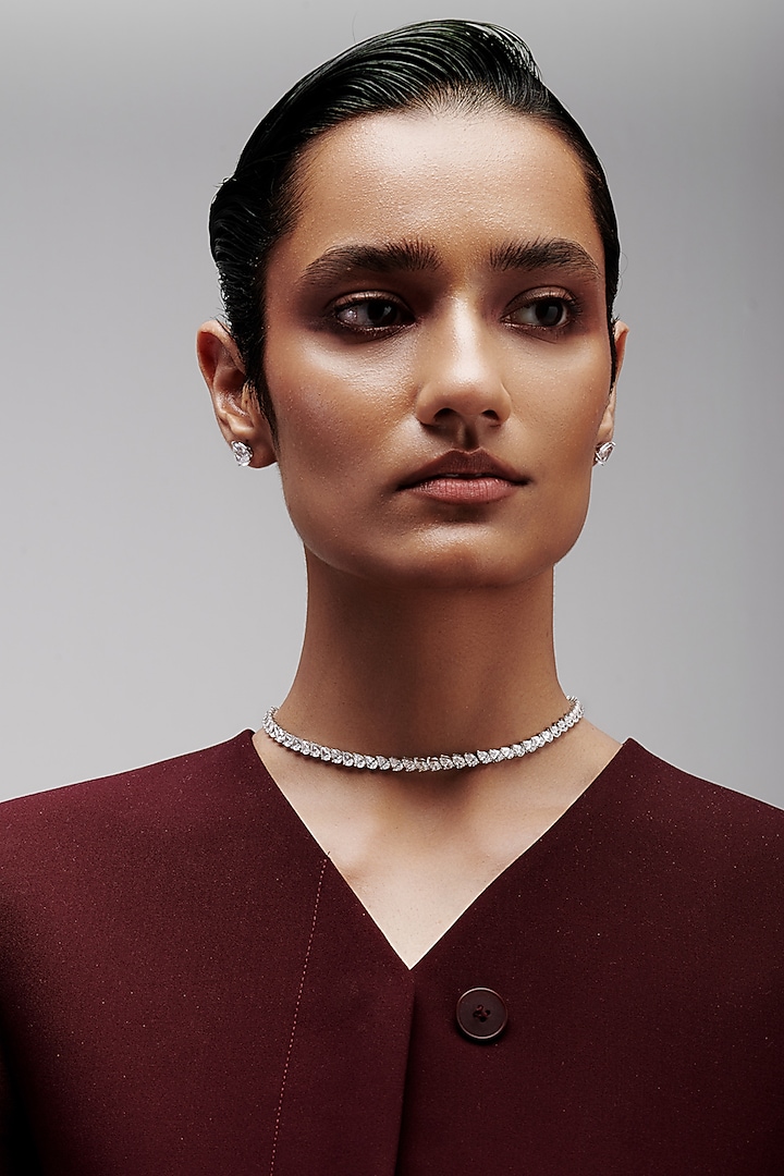White Rhodium Finish Pear-Shaped Cubic Zirconia Crystal Choker Necklace In Sterling Silver by MISS JO at Pernia's Pop Up Shop