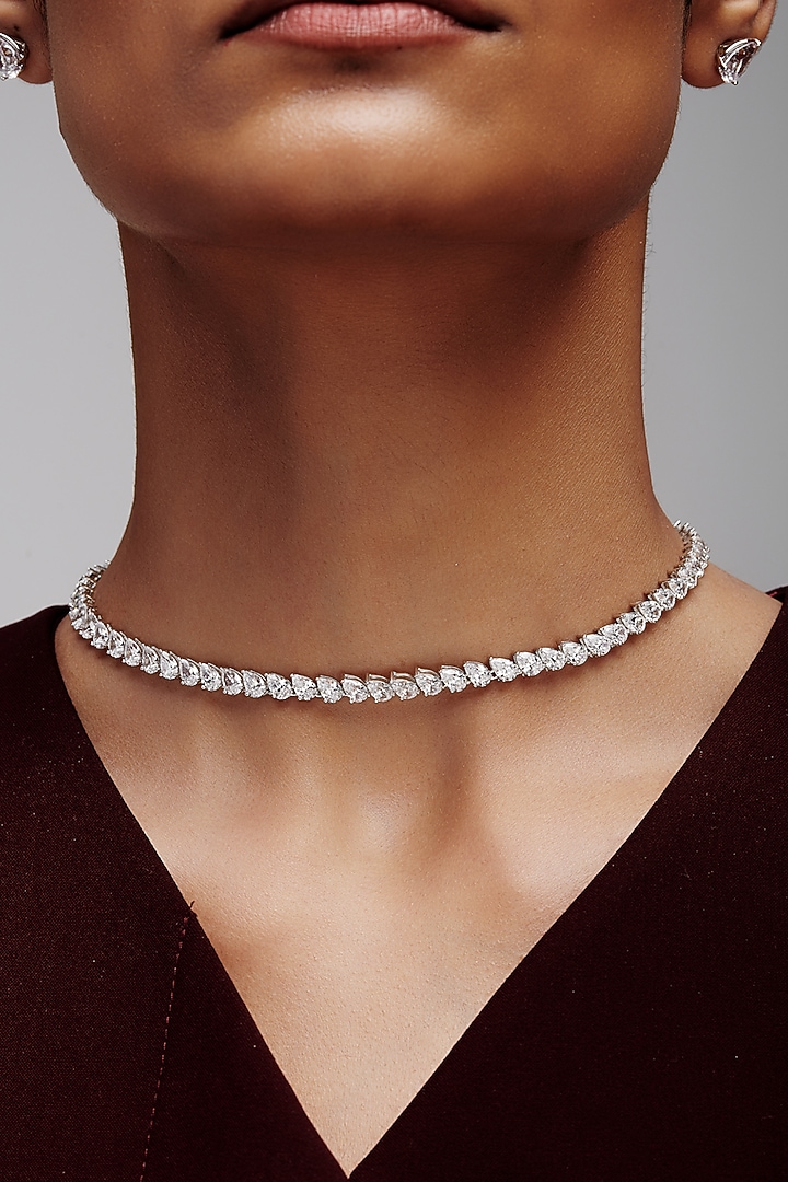 White Rhodium Finish Pear-Shaped Cubic Zirconia Crystal Choker Necklace In Sterling Silver by MISS JO at Pernia's Pop Up Shop