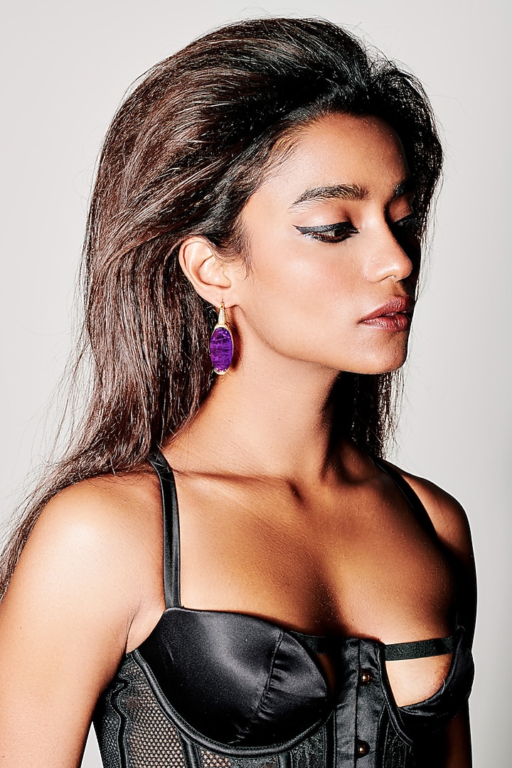 Gold Finish Purple Natural Stone Drop Earrings In Sterling Silver by MISS JO at Pernia's Pop Up Shop