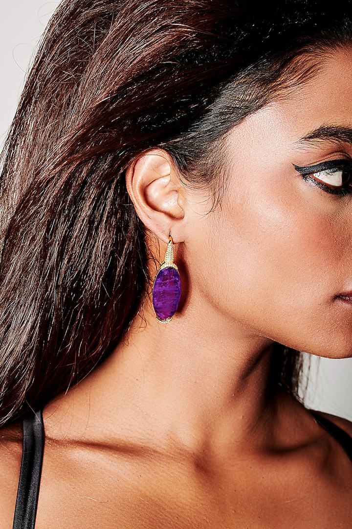 Gold Finish Purple Natural Stone Drop Earrings In Sterling Silver by MISS JO at Pernia's Pop Up Shop