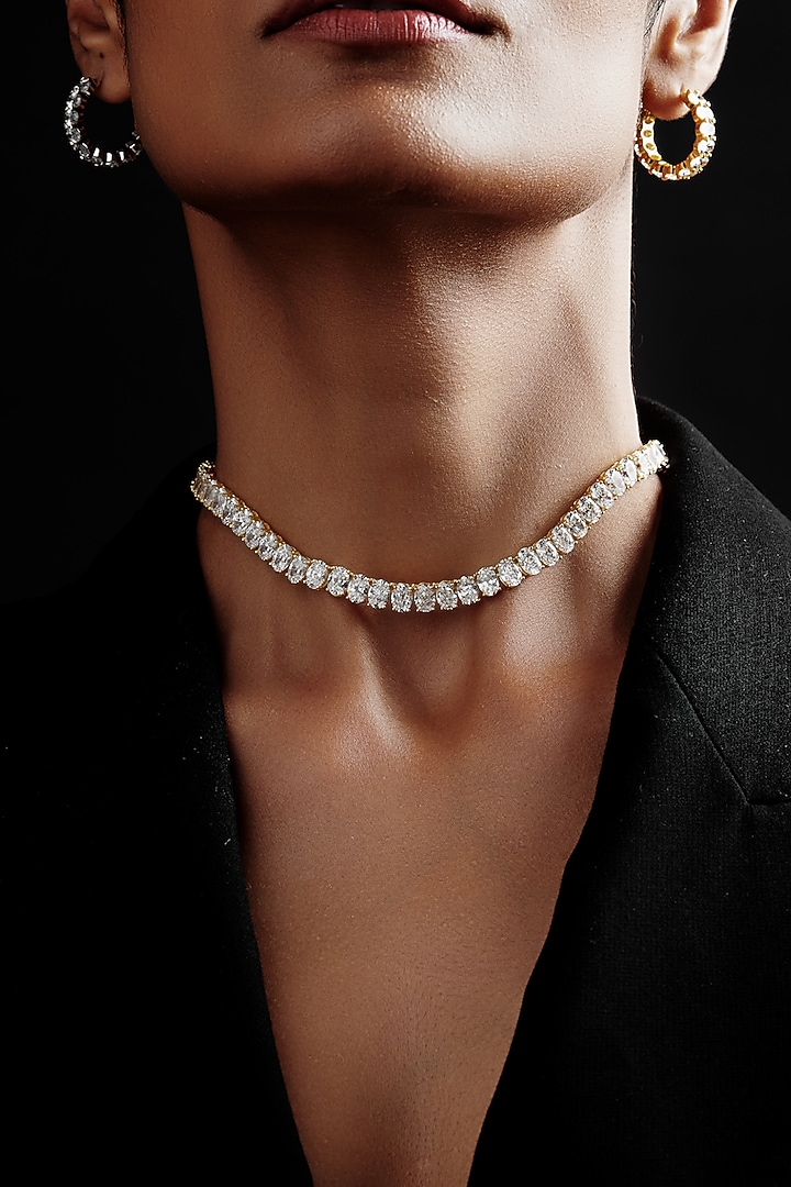 Gold Finish Oval-Shaped Cubic Zirconia Crystal Choker Necklace In Sterling Silver by MISS JO at Pernia's Pop Up Shop
