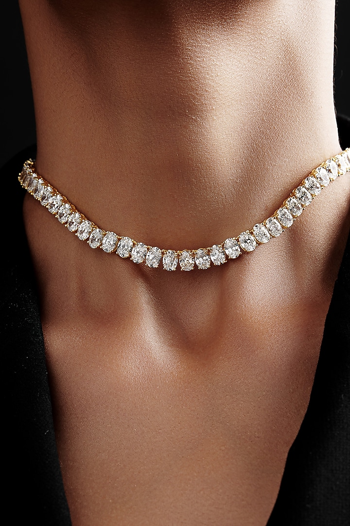 Gold Finish Oval-Shaped Cubic Zirconia Crystal Choker Necklace In Sterling Silver by MISS JO at Pernia's Pop Up Shop