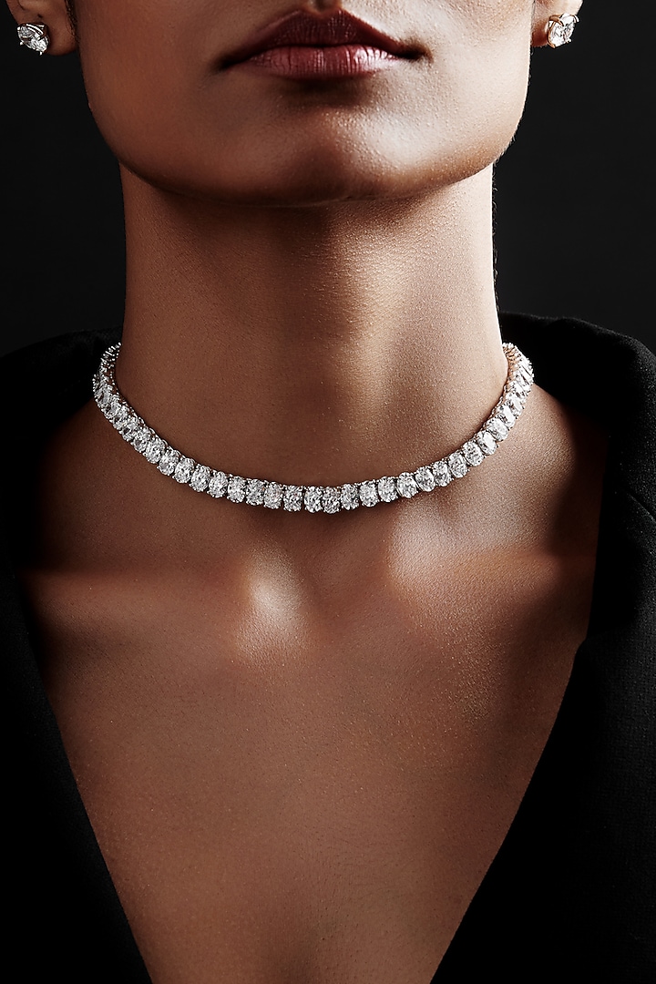 White Rhodium Finish Oval-Shaped Cubic Zirconia & Crystal Choker Necklace In Sterling Silver by MISS JO at Pernia's Pop Up Shop