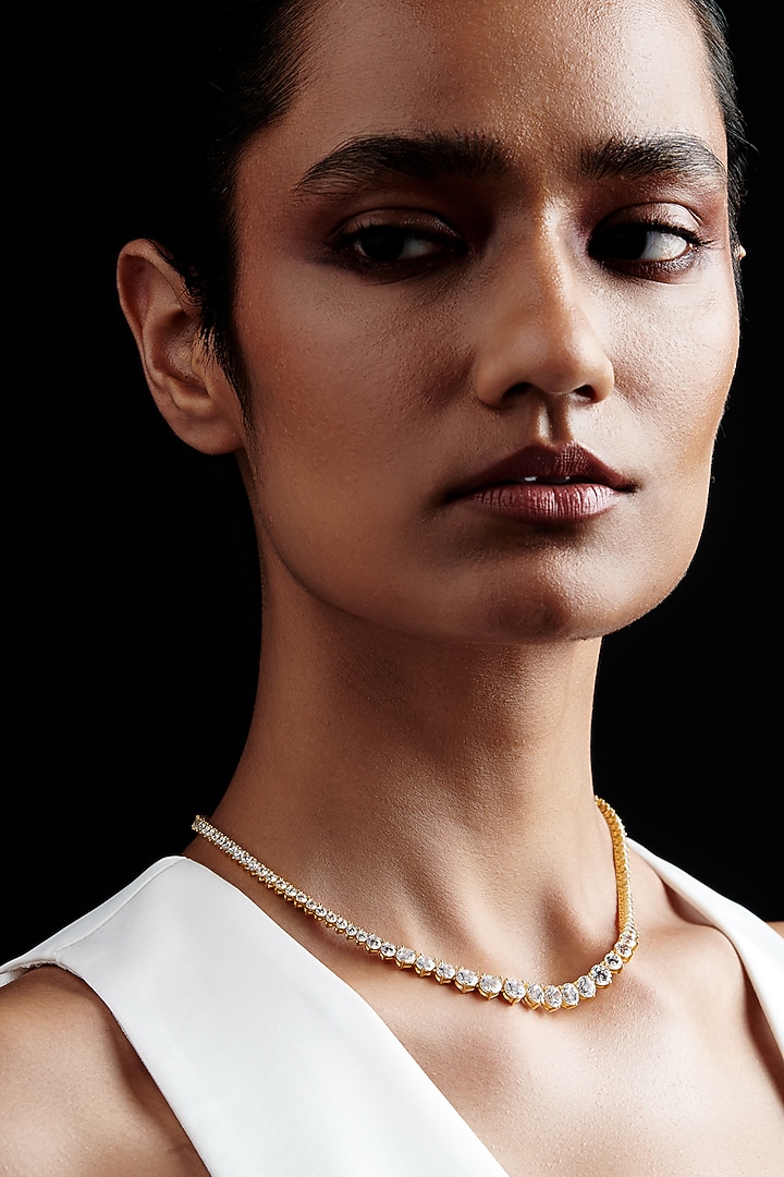Gold Finish Round-Shaped Cubic Zirconia & Crystal Choker Necklace In Sterling Silver by MISS JO at Pernia's Pop Up Shop