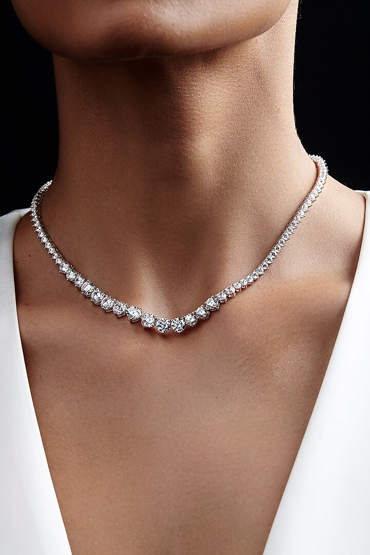 White Rhodium Finish Cubic Zirconia & Crystal Choker Necklace In Sterling Silver by MISS JO at Pernia's Pop Up Shop