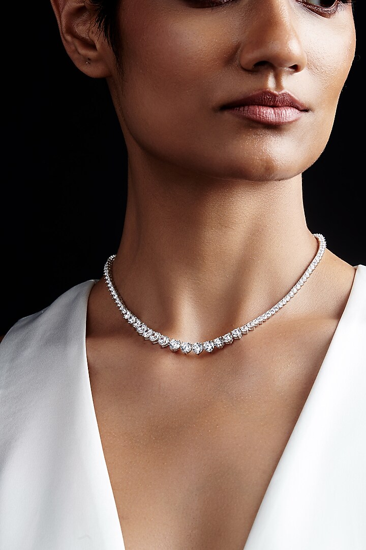 White Rhodium Finish Cubic Zirconia & Crystal Choker Necklace In Sterling Silver by MISS JO at Pernia's Pop Up Shop