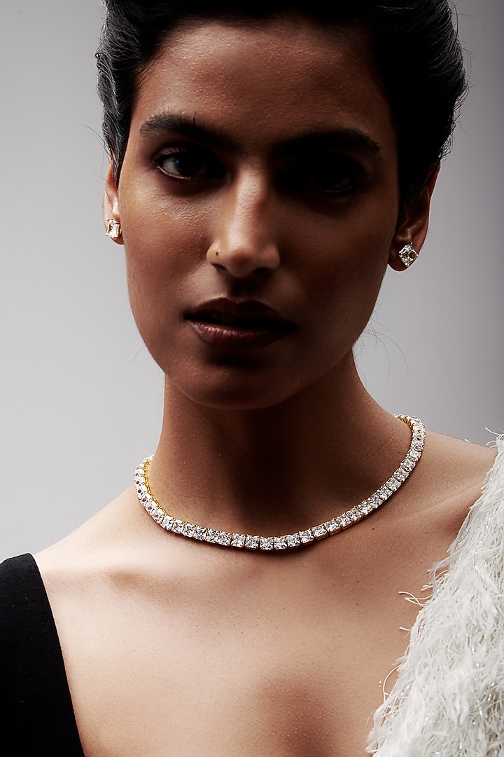 Gold Finish Cubic Zirconia & Crystal Choker Necklace In Sterling Silver by MISS JO at Pernia's Pop Up Shop