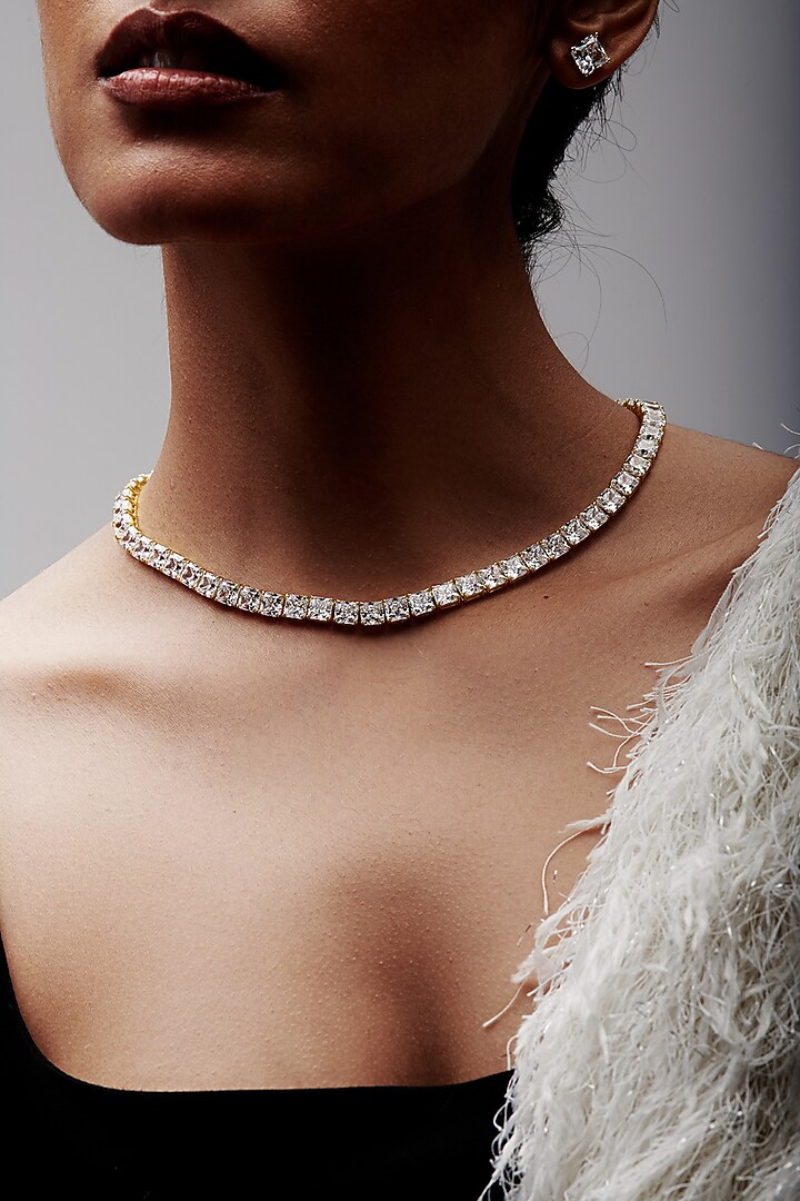 Gold Finish Cubic Zirconia & Crystal Choker Necklace In Sterling Silver by MISS JO at Pernia's Pop Up Shop
