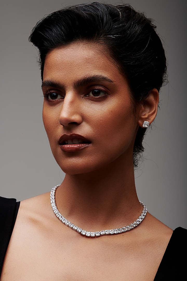 White Rhodium Finish Cubic Zirconia & Crystal Choker Necklace In Sterling Silver by MISS JO at Pernia's Pop Up Shop