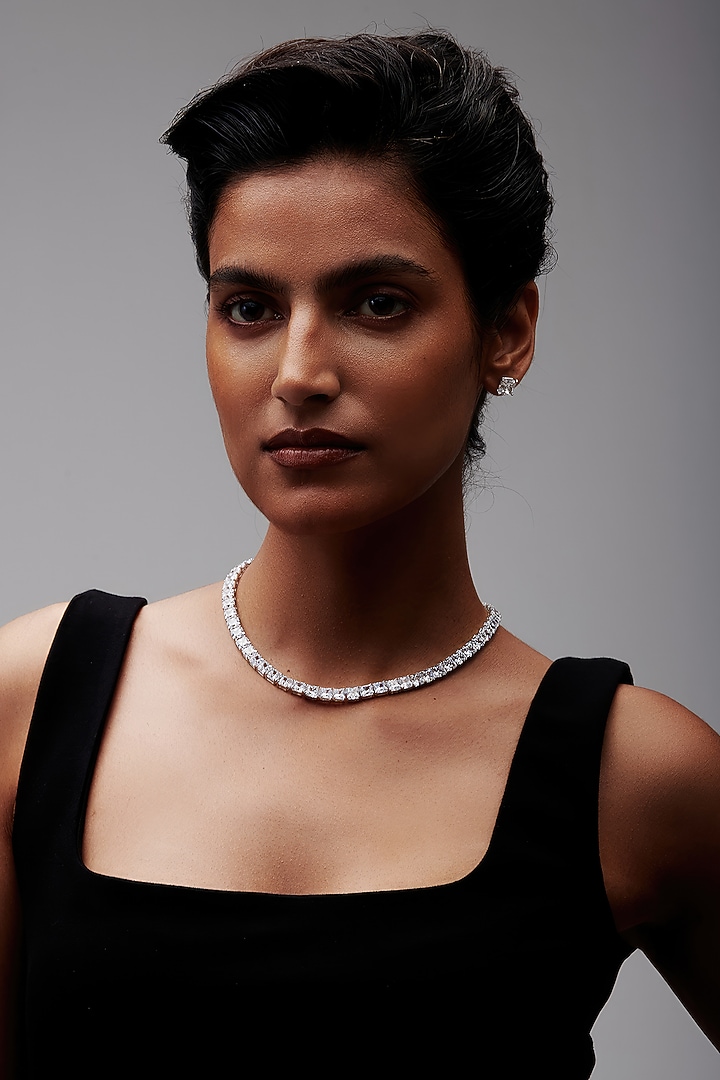 White Rhodium Finish Cubic Zirconia & Crystal Choker Necklace In Sterling Silver by MISS JO at Pernia's Pop Up Shop