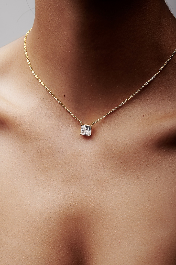 Gold Finish Square-Shaped Cubic Zirconia & Crystal Pendant Necklace In Sterling Silver by MISS JO at Pernia's Pop Up Shop